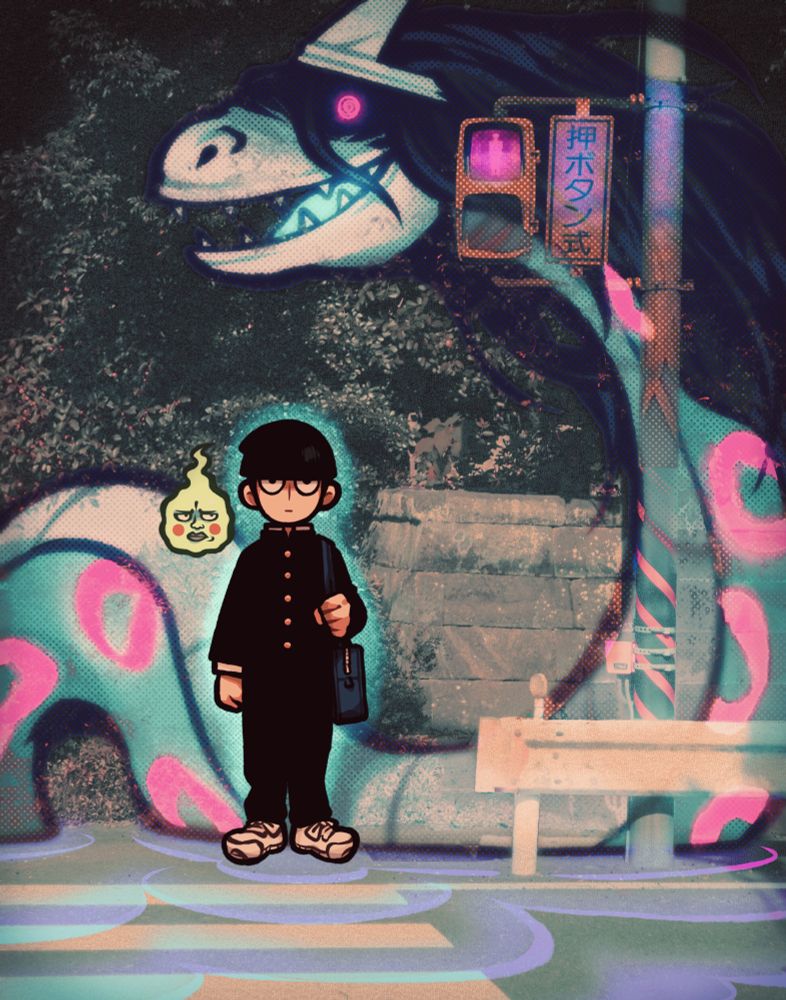 shigeo kageyama standing at a crosswalk as dimple hovers to his side. a giant serpent spirit looms behind, sending ripples through the asphalt.
photo credit goes to my brother! a little collab between us 🦐