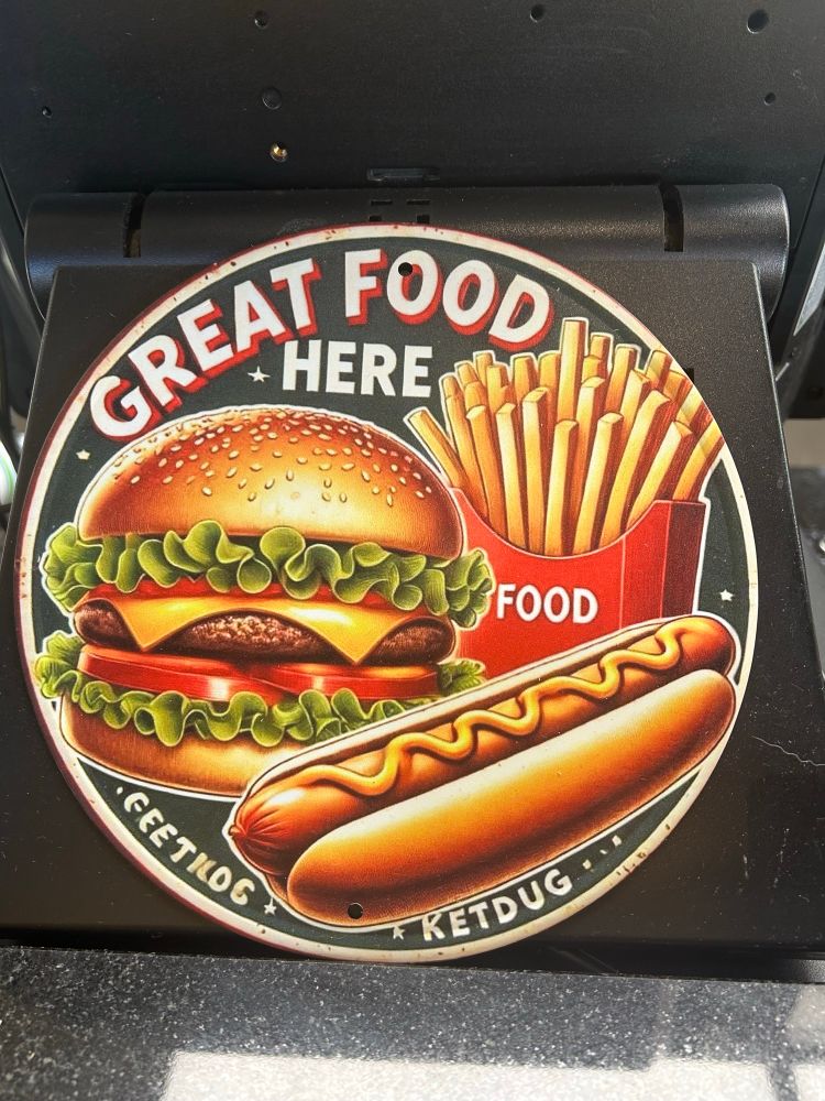 a metal sign decorated with obviously AI generated art. it has a hot dog, a burger and French fries in a container labeled food. Underneath it says in unclear scribble EETKOG and KETDUG