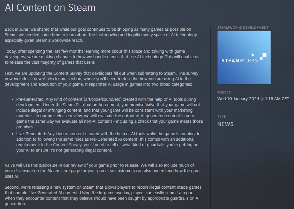 Una captura de las guidelines de Steam sobre el uso de IA Generativa y lo que se debe hacer para informar a los usuarios en caso de que el producto la use.