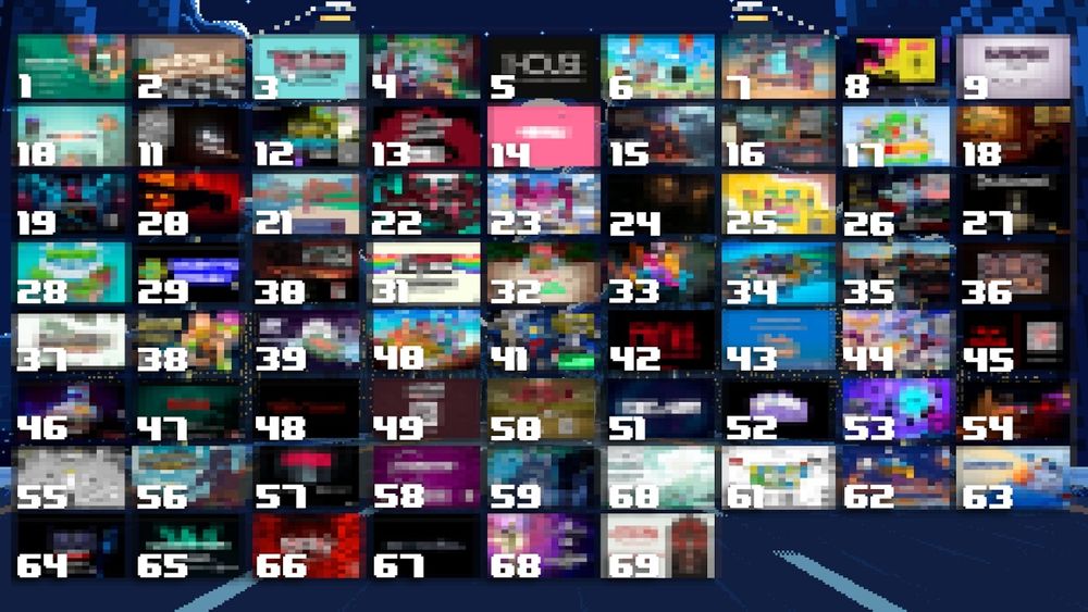 Un listado de 69 juegos pixelizados para que no se vean los nombres de los juegos que se van a anunciar durante el stream.