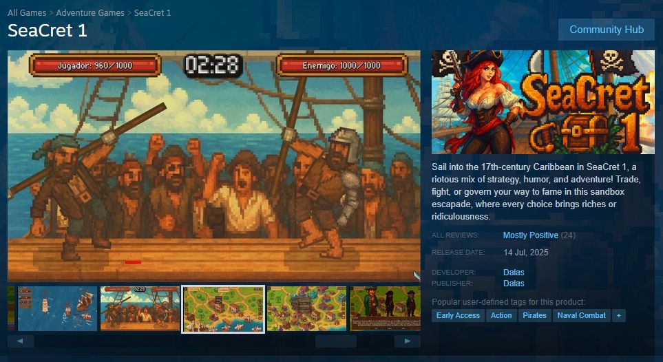 Una imagen del perfil de Steam de SeaCret 1, un juego desarrollado por el polémico YouTuber Dalas, y que muestra contenido claramente generado por Inteligencia Artificial generativa.