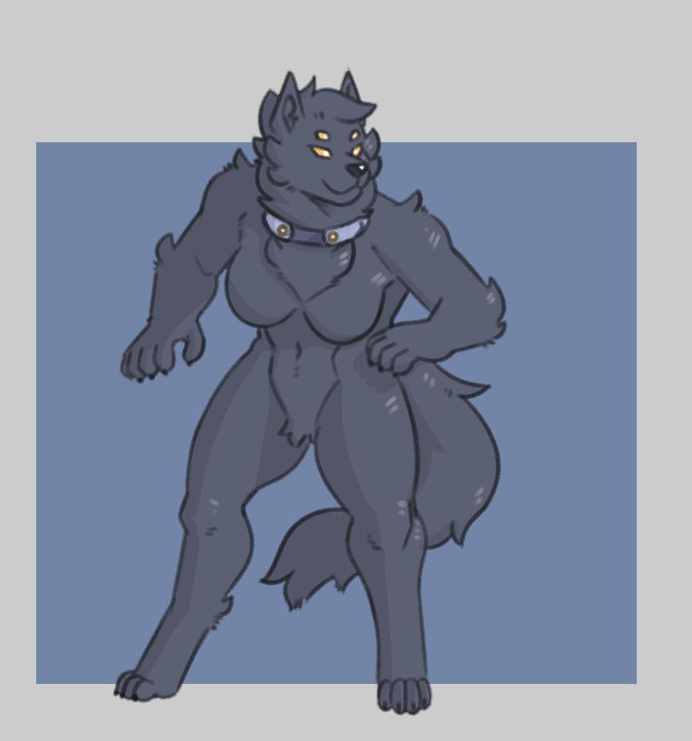 Full body of a female werewolf with four eyes, going ::3
