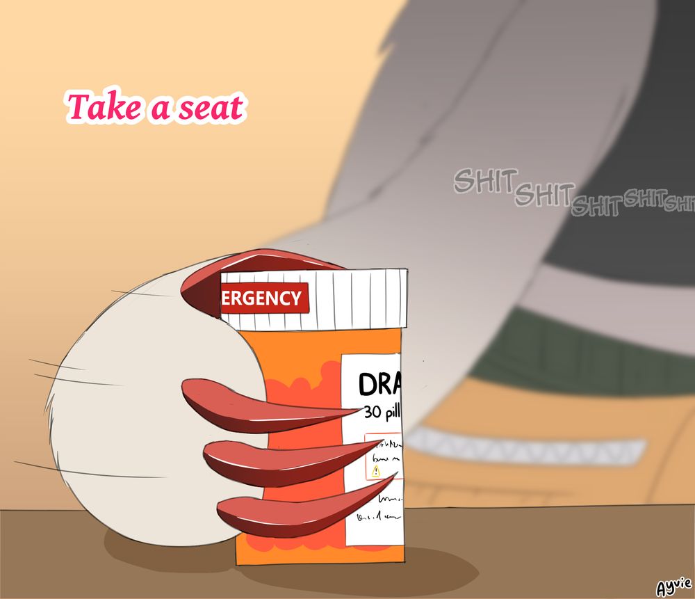 The lyrics of "The Line" by Twenty One Pilots appear on each page, here it says "Take a seat". Sarah picks up a bottle of Sabine's meds which has an "Emergency" label on the cap. Sarah lets out an anxious "shitshitshit"