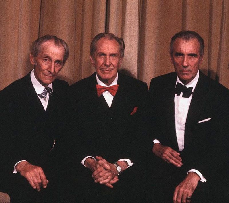 Photo of Peter Cushing, Vincent Price, and Christopher Lee.