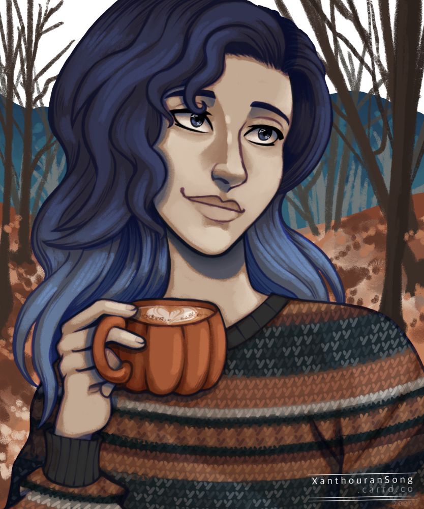 An illustration of a woman with long blue hair, holding a cup of coffee shaped like a pumpkin. The background shows a forest in autumn and some blueish mountains in the far back,