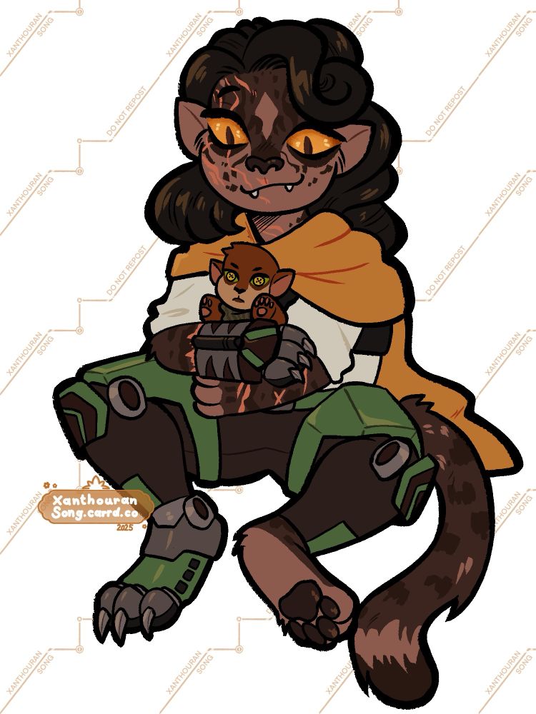 Chibi drawing of Suthiri, a cathar with a cybernetic arm and leg. She is holding a plush doll of Aric Jorgan in her hands