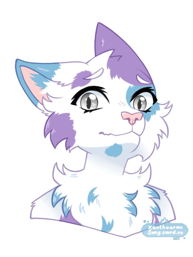 Bust drawing of a white, blue and purple calico cat furry, looking scared