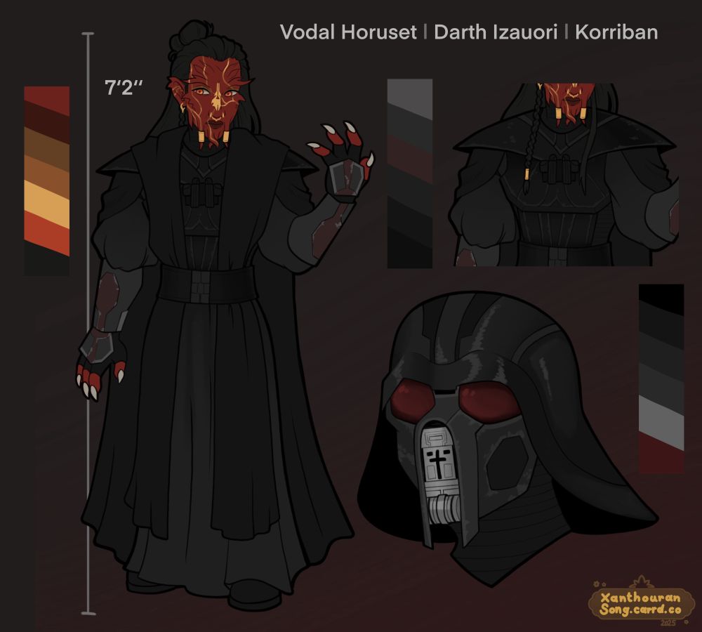 Reference sheet of a sith pureblood. It's showing a fullbody with an outfit, a helmet and a cropped chest without the extra tabard over it