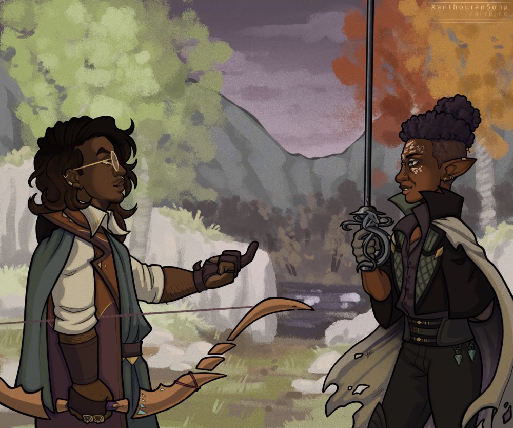 A drawing with my OC Gilbert (he/him, left) taunting my OC Ray (they/them, right) to a duel. Gilbert is holding his bow and Ray has got their rapier ready. The background is a painting referenced by Arlathan Forest