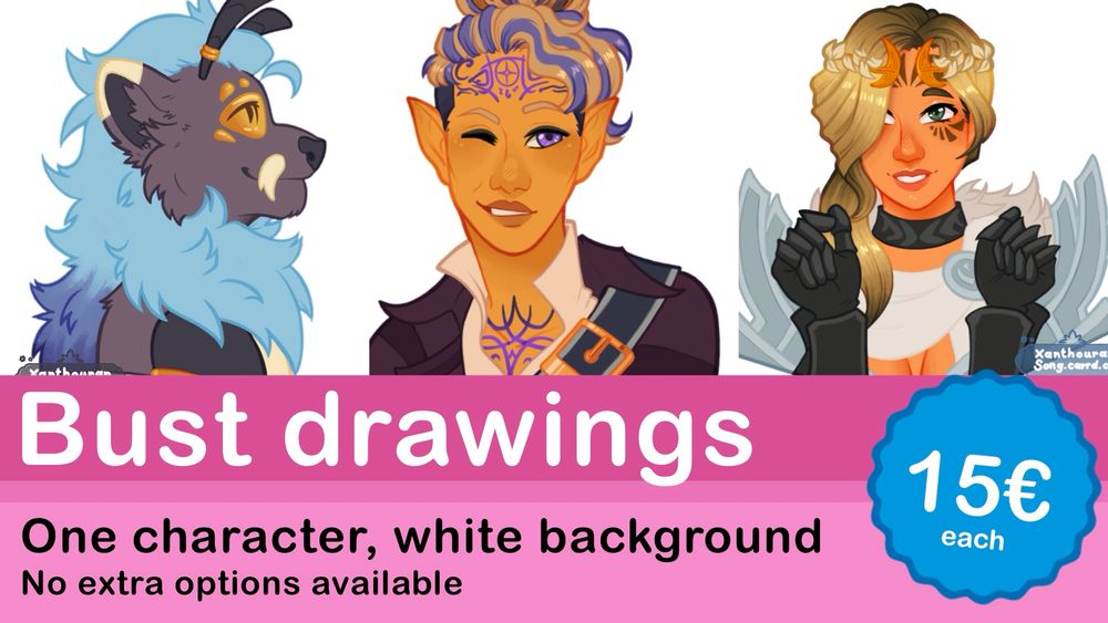 Advertisement banner for my bust comms

Bust drawings
One character, white background
No extra options available
15€ each