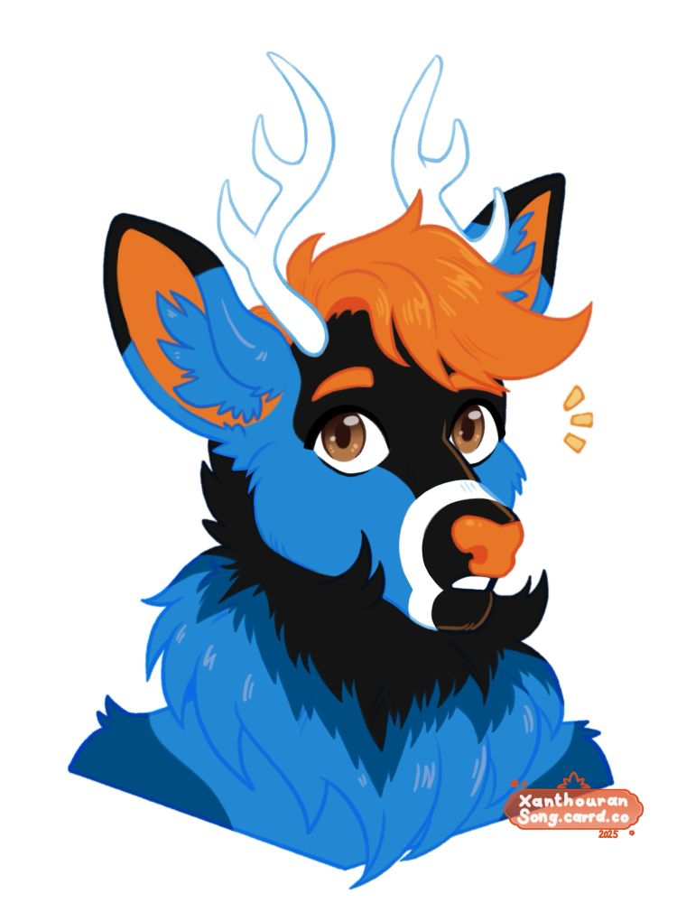 Bust drawing of a blue, black and orange deer character, looking surprised