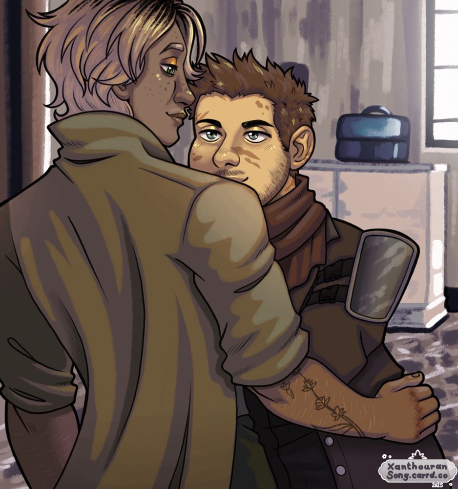 Drawing of my OC Jeremy leaning into Zachariah who has put his hand on Jeremy's side. They are looking at each other, smiling