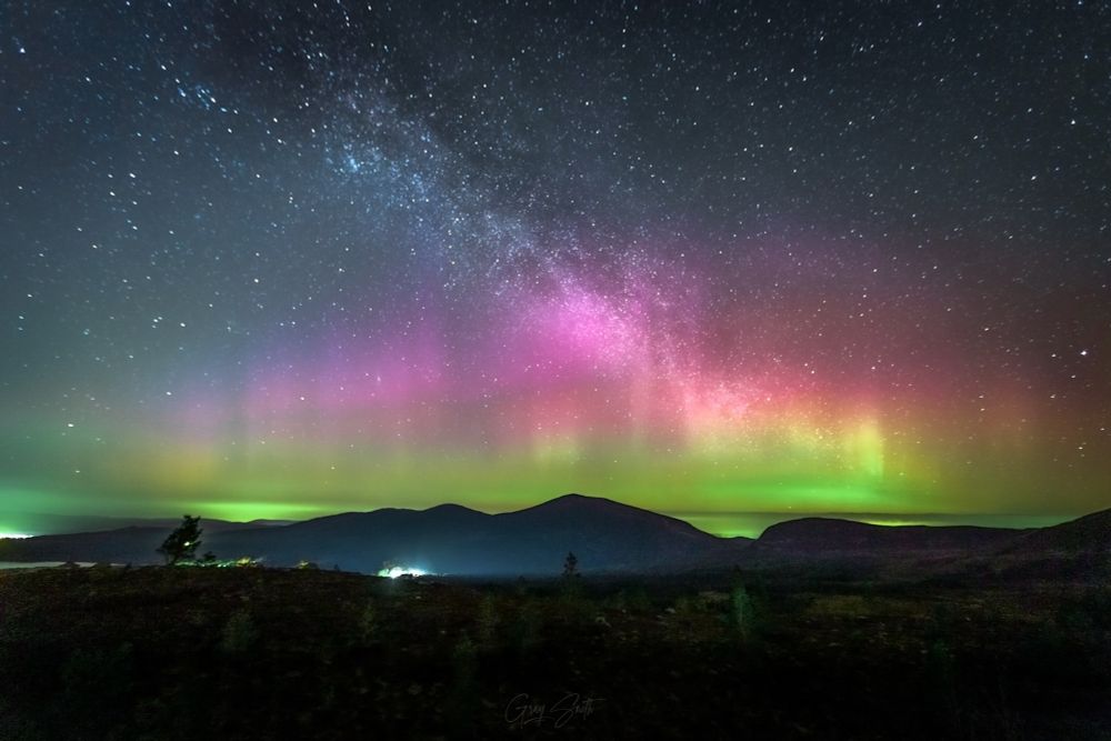 The northern lights and our home galaxy. Taken at Cairngorm mountain in the Scottish Highlands. 