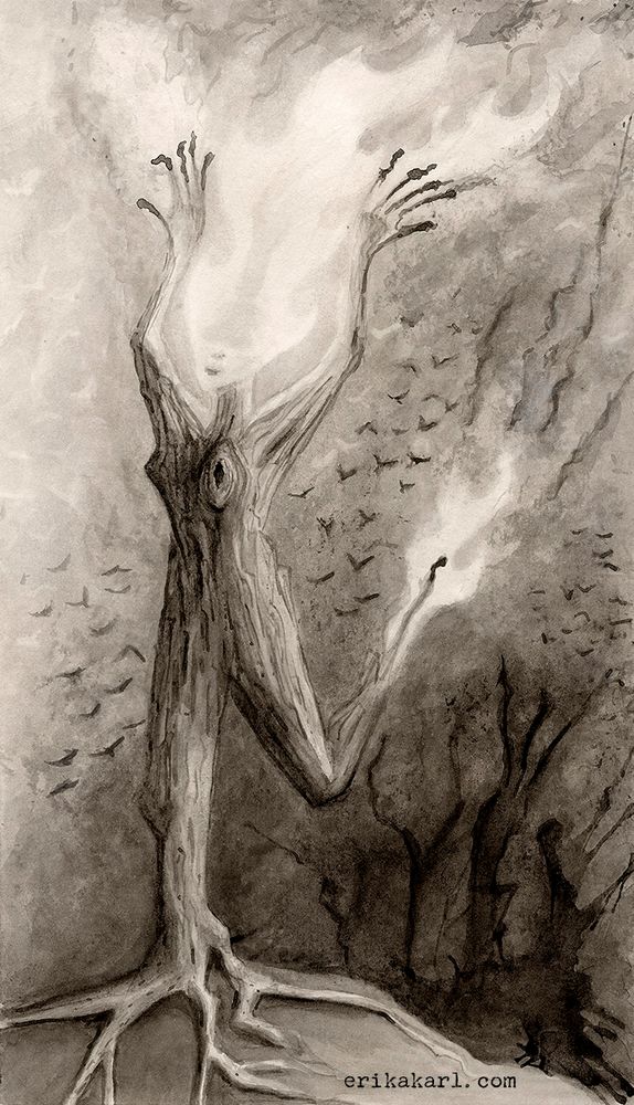 Inferno:
Sometimes burning it all to the ground is a way to free yourself, as long as you aren't hurting others. It's a painful process to rise from the ashes, so use this only as a last resort. 

I'm sharing the process of creating a new oracle deck as I complete each card. I'm creating the imagery for this divination set through the use of my own hand-crafted black walnut ink. As I create each card, I hope to offer a meditative aid to anyone who uses this deck. Whether it be for soul-searching, story-telling, or self-reflection, my goal is to create something that allows the viewer to connect with their inner story and gain clarity on their journey.

This is a 9x12" ink-wash painting. I used black walnut ink on cold press watercolor paper. Reproduction prints are available until the deck is complete.