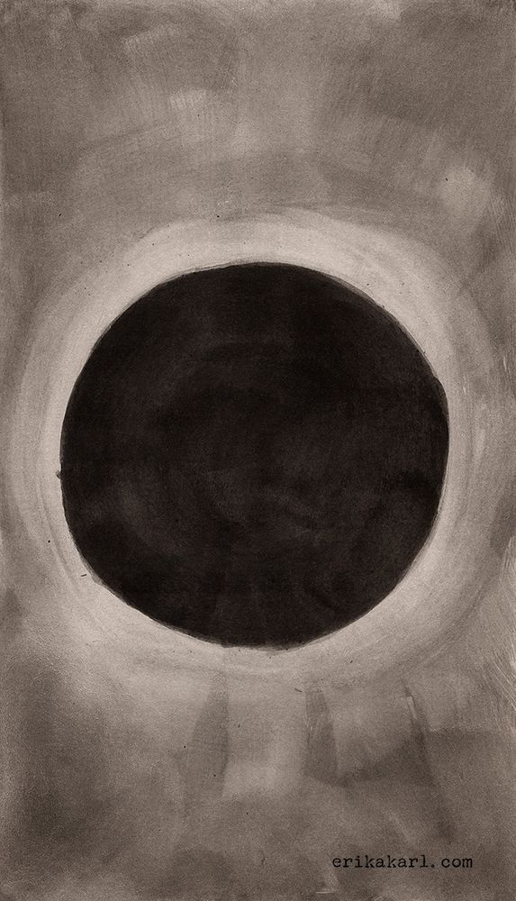 Eclipse:
The Eclipse card is a profound symbol of cosmic balance and revelation, featuring a mesmerizing blend of solar and lunar elements. This card captures a moment where the sun and moon align perfectly, casting a shadow that illuminates the hidden aspects of your life. It suggests that things usually concealed in the shadows are now coming into the light, offering clarity and insight.

As you encounter The Eclipse, you are encouraged to embrace this period of exposure and transformation. The intertwining of sun and moon energies signals a time of significant change and reflection. This alignment brings forth a new dawn, signifying renewal and a shift in perspective. However, with such powerful forces at play, expect some chaos and turbulence. It is a time to remain still, grounded, and introspective, allowing the chaotic energies to settle and integrate within you.

The Eclipse invites you to reflect deeply on your path, urging you to consider aspects of your life that you may have overlooked or avoided. By confronting these revelations, you pave the way for growth and a clearer understanding of your true self. As the eclipse passes and the sun emerges once again, you are offered a chance to move forward with a renewed vision and a balanced heart.

I'm sharing the process of creating a new oracle deck as I complete each card. I'm creating the imagery for this divination set through the use of my own hand-crafted black walnut ink. As I create each card, I hope to offer a meditative aid to anyone who uses this deck. Whether it be for soul-searching, story-telling, or self-reflection, my goal is to create something that allows the viewer to connect with their inner story and gain clarity on their journey.

This is a 8x12" ink-wash painting. I used black walnut ink on cold press watercolor paper. Reproduction prints are available until the deck is complete.