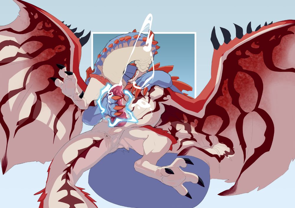 A lagiacrus holding and kissing a rathalos he has captured. The rathalos is splayed out on his back while the lagiacrus is stroking the rathi's cock, using his electricity to stimulate the rathalos causing him to cum.