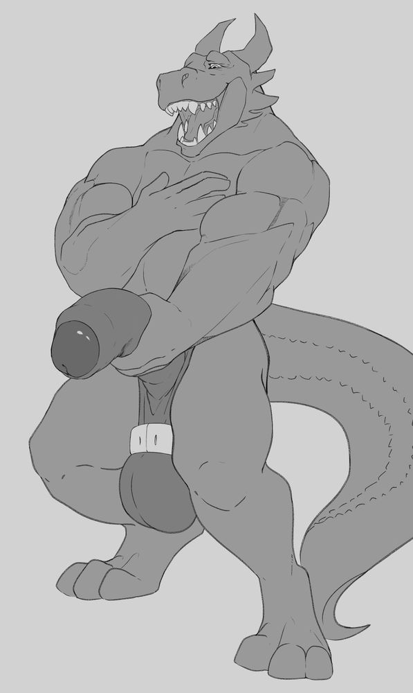 Sketch of a big buff anthro dragon holding his massive cock in on hand while wearing a weight on his balls