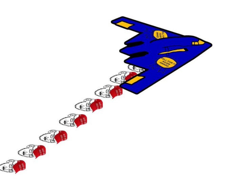 Fell for it again awards shaped into a stealth bomber, dropping hapless MAGA heads as bombs. 
