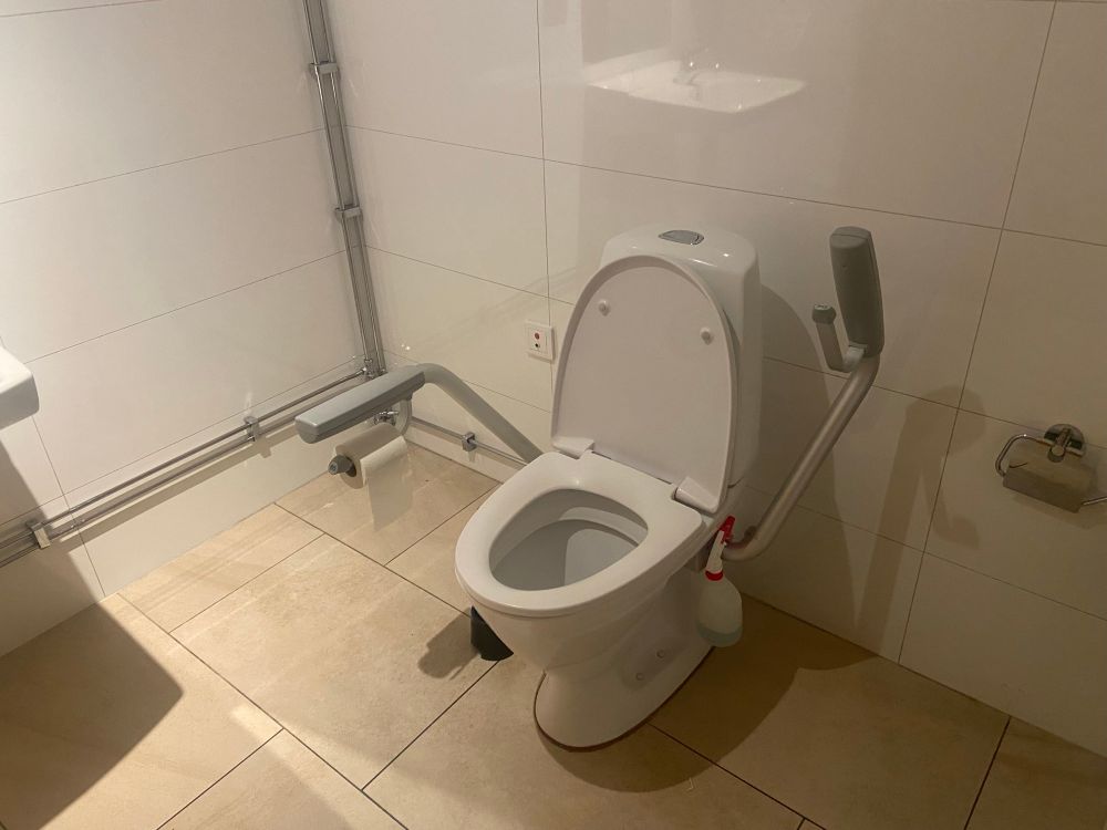 Accessible toilet in Sweden that features drop down armchair like supports to assist user rather than ugly medicalised versions we always seem to use in UK. 