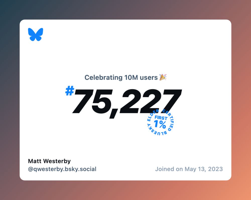 A virtual certificate with text "Celebrating 10M users on Bluesky, #75,227, Matt Westerby ‪@qwesterby.bsky.social‬, joined on May 13, 2023"