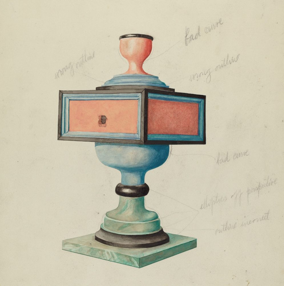 Illustration of a decorative urn-like object with in salmon, marbled green, and light blue colors with dark black outlines. The illustration features handwritten notes pointing to various parts noting "wrong outline" and "bad curve."