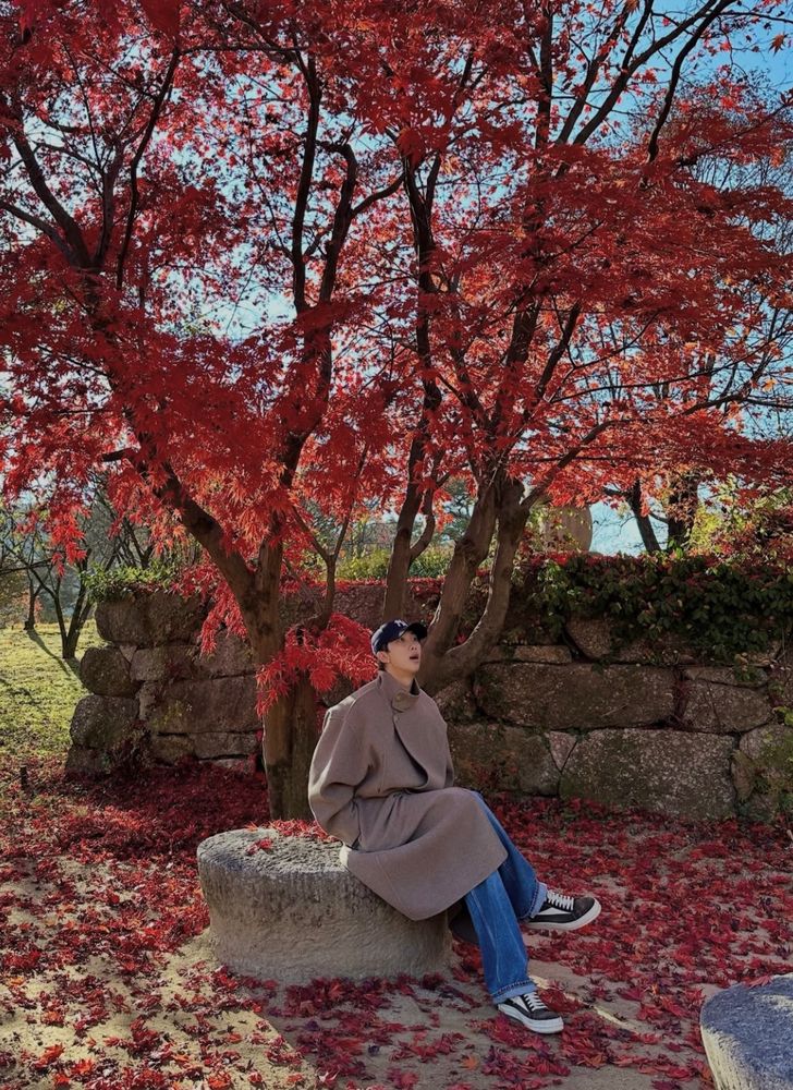 Namjoon in a tanishgrey coat with jeans sitting in front of a tree with red leaves