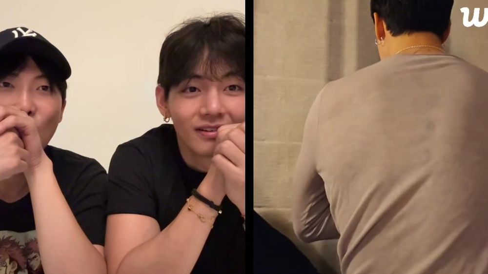Namjoon and Tae on the left side watching Jimin show off his back tattoos on the right side with lust in their eyes