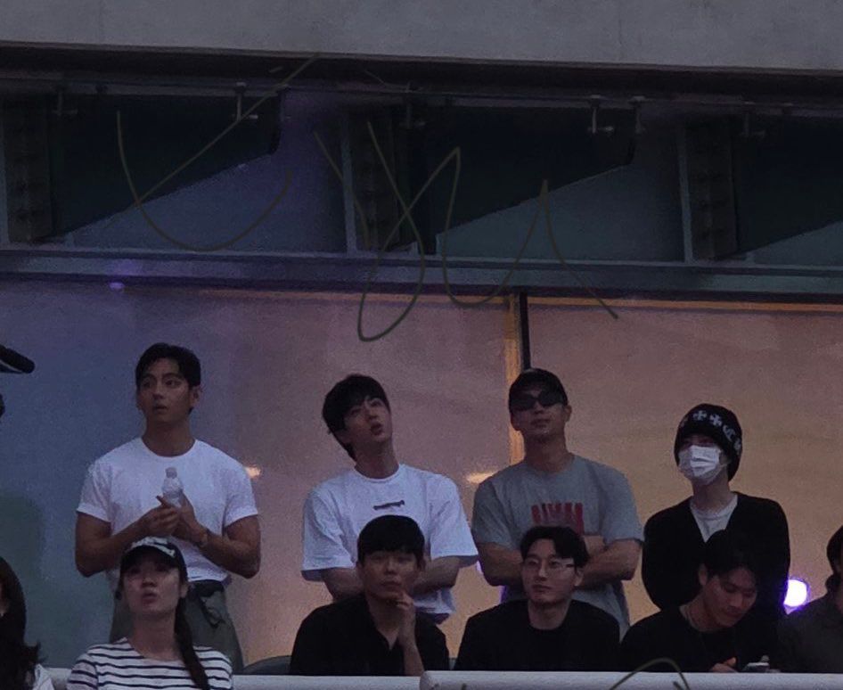 Tae, Jin, Namjoon, and Yoongi standing next to each other with yoongi looking tiny 