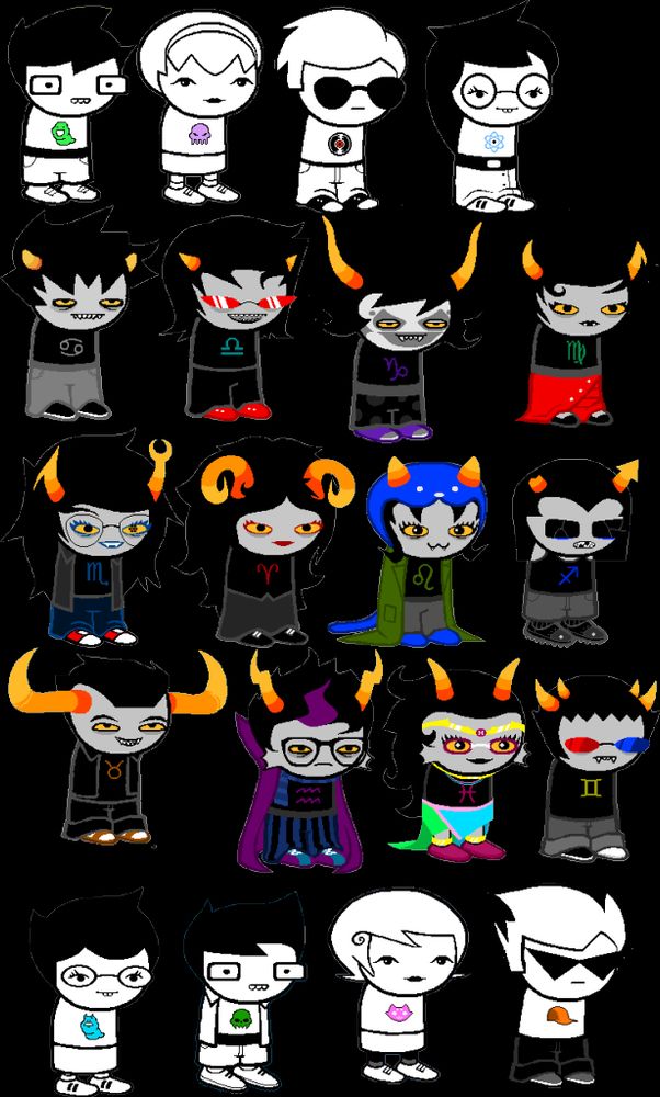 A list of all the main "player" characters in Homestuck, the Earth 1 Kids the Alternian Trolls, and the Earth 2 Kids, not counting the second(chronologically first) set of Trolls from the planet Beforus. All of them display the same design "template."