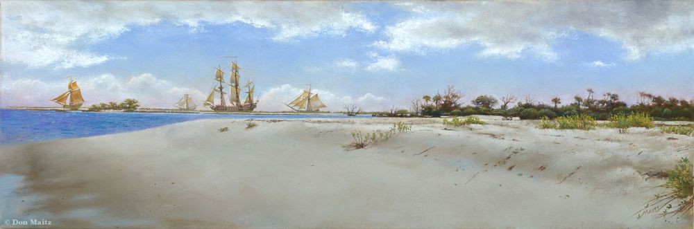 Blackbeard's Flotilla, an original oil painting by Don Maitz. It was inspired by the 300th anniversary of Black beard's 1718 blockade of Charleston Harbor and a visit to Bald Head Island where Black Beard's blockading ships passed by on their journey north.