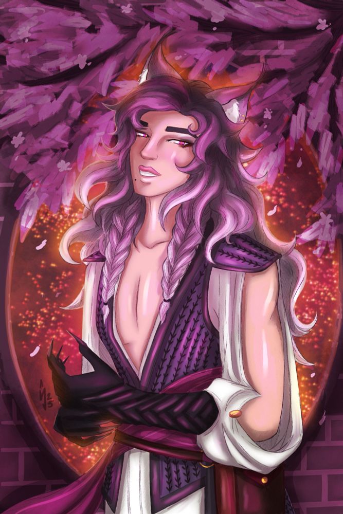 A drawing of MidnightCrow’s character Felix. A Lynx god who gambled away his luck. He stands in front of a field of stars. 