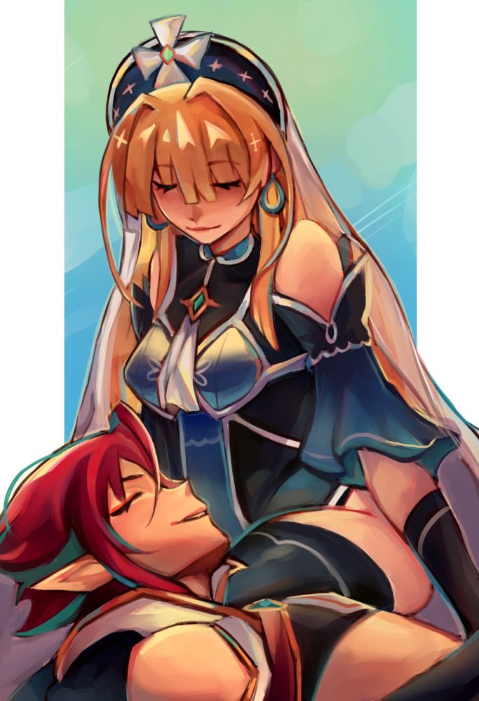 Example of my art: Painting of my Original Characters Freya (blonde girl) and Solaris (red hair boy - OLD design)