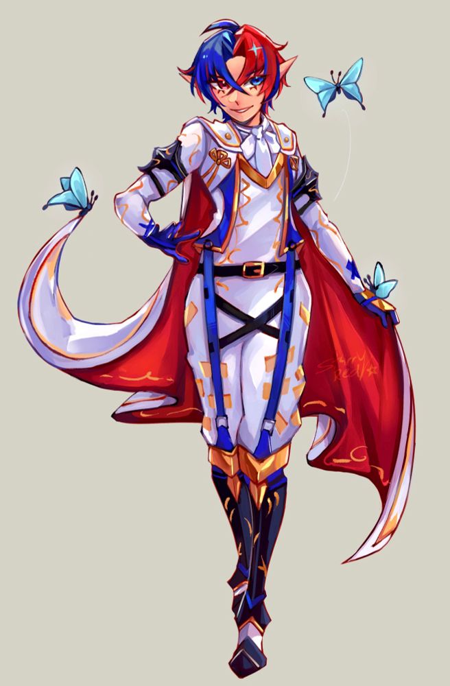 Full body render practice (and new brush test) of Alear from Fire Emblem Engage. Blue butterflies are surrounding him and one is lifting his cape on the left side