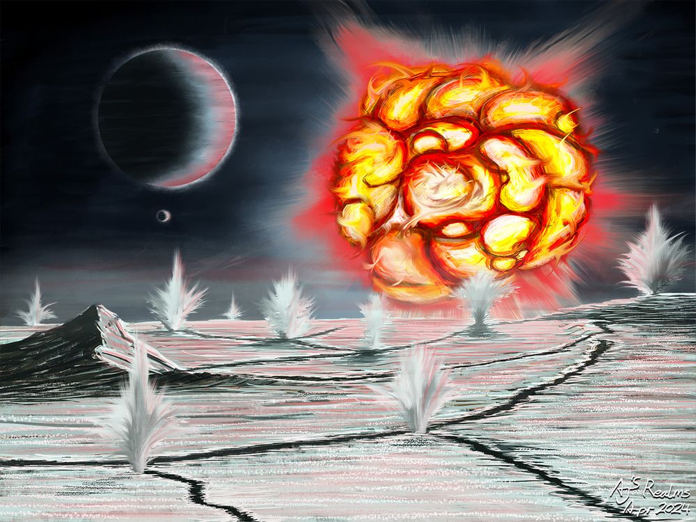 Old version:  The slushy moon of a hycian planet experiences turbulent thawing of its icy surface thanks to the local star which has bloated into its roiling red-giant phase.