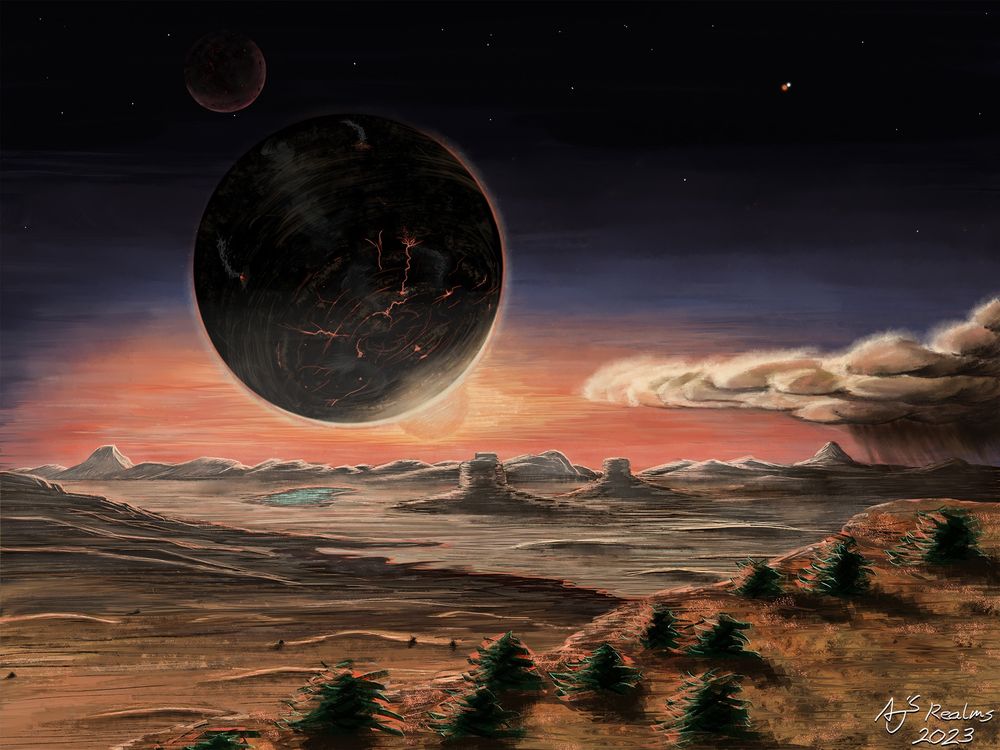 Old version:  Sunset across a desert landscape with a storm coming in from the right and a twin planet, along with its moon, taking up a large part of the sky.