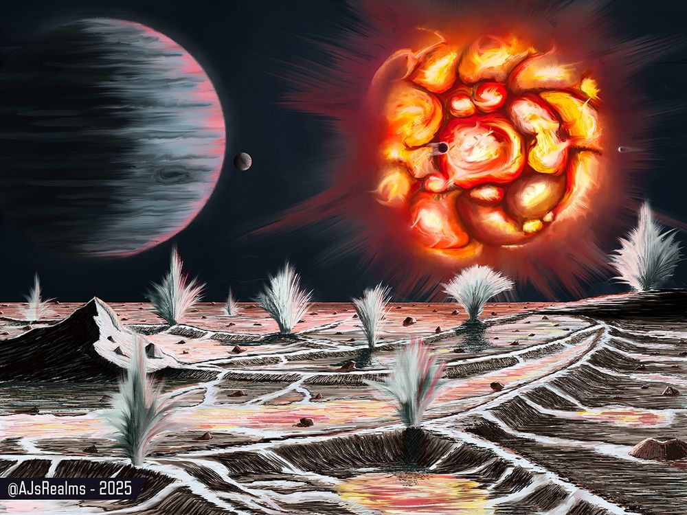 New version:  The slushy moon of a hycian planet experiences turbulent thawing of its icy surface thanks to the local star which has bloated into its roiling red-giant phase.