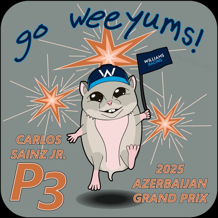 The "Weeyums" hamster celebrates a podium finish for Carlos Sainz Jr.  The first podium finish for Williams Racing in 2025!