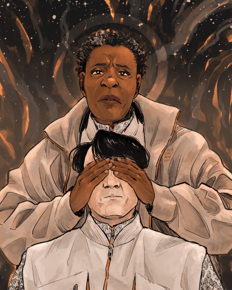 Fanart for the television show Murderbot, based on Martha Wells’ The Murderbot Diaries. The character Dr Mensah (a Black woman in a large, grey coat, depicted by Noma Dumezweni) stands above the character Dr Gurathin (a light skinned man in a grey jumpsuit, depicted by David Dastmalchian), covering his eyes. Dr Mensah has a solemn and grieved expression on her face, which Dr Gurathin, whose eyes are covered by Mensah’s hands, has a placated, passive expression. Behind them are soft clouds emanating up, with a spread of stars coming out at the top. Behind Dr Mensah’s head is a halo-like ring. 