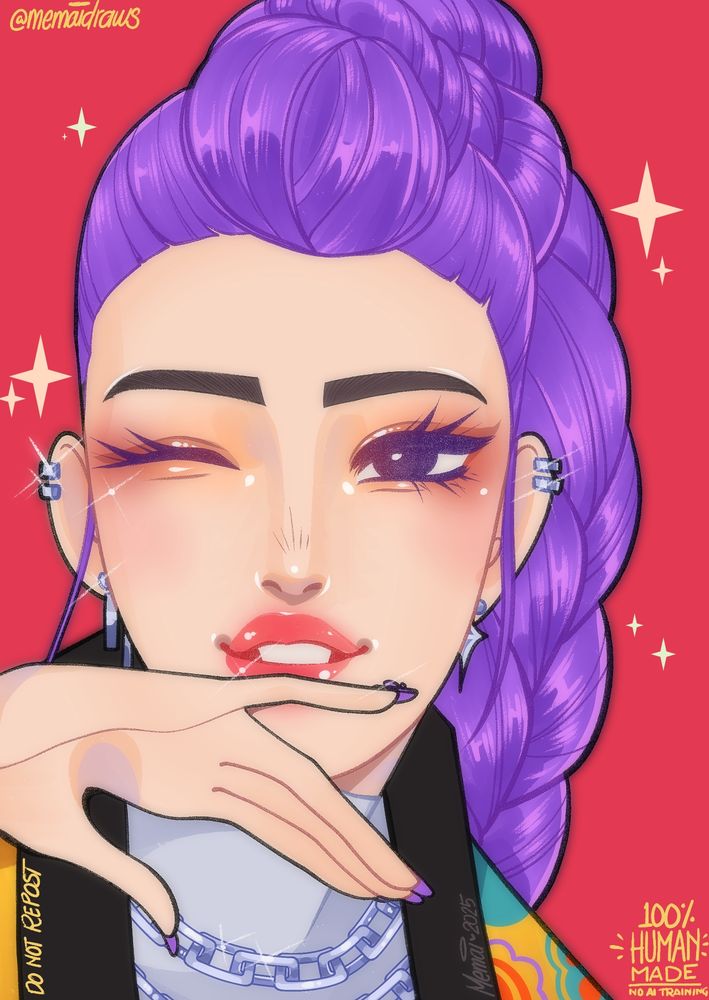 Rumi from Netflix's K-Pop Demon Hunters. She's a fair-skinned South Korean woman looking directly at the camera, winking with a small smile. She wears her purple hair in a braided hairstyle. The image mimics photocards often associated with K-pop fan culture.