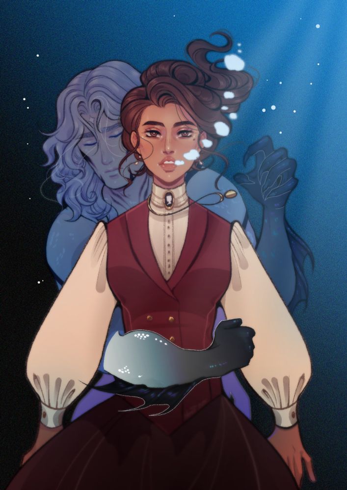 A digital illustration of a young woman underwater with bubbles rising from her mouth. She has dark hair pinned up loosely, wearing a cream blouse with voluminous sleeves, a red vest, and a cameo brooch. Behind her, a ghostly blue figure of a merman with long hair and clawed hands embraces her from the shadows, one arm wrapping around her waist. Light streams faintly from above, illuminating her while the merman fades into the deep.