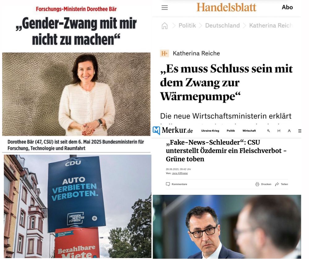 Diverse Schlagzeilen bzw Plakate, wo die Union jeweils dem politischen Gegner etwas unterstellt, das der überhaupt nicht gefordert hat