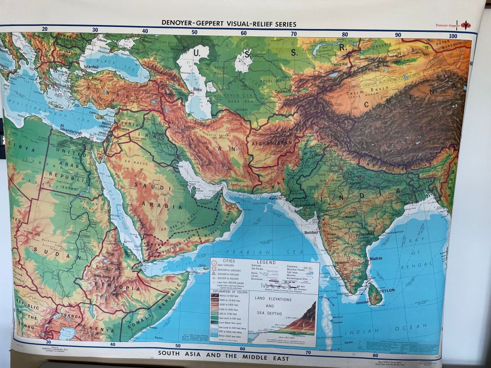 Map of South Asia and the Middle East, containing a number of out of date labels, including Egypt labeled as "United Arab Republic," Bangladesh being part of Pakistan, and the UAE being labeled "Trucial Oman."