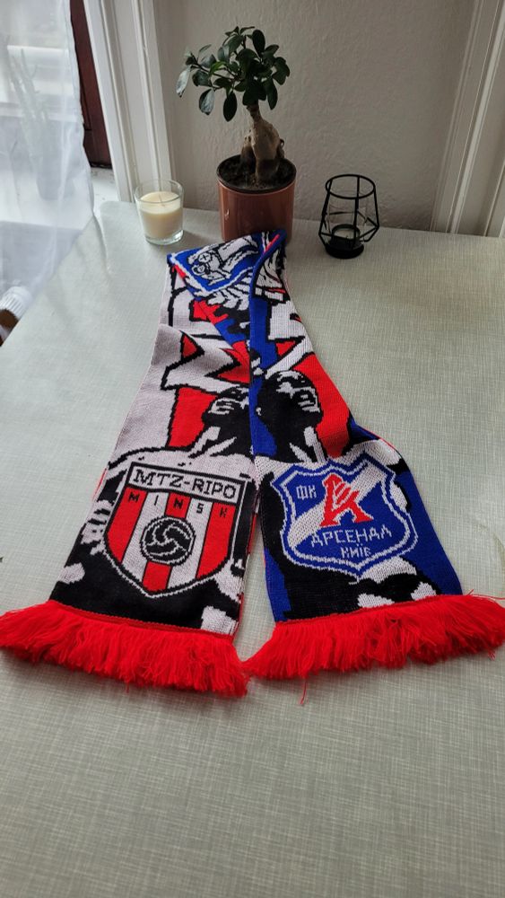 Ein Schal mit den Logo von Arsenal Kyjiw und Partizan Minsk an den Enden.