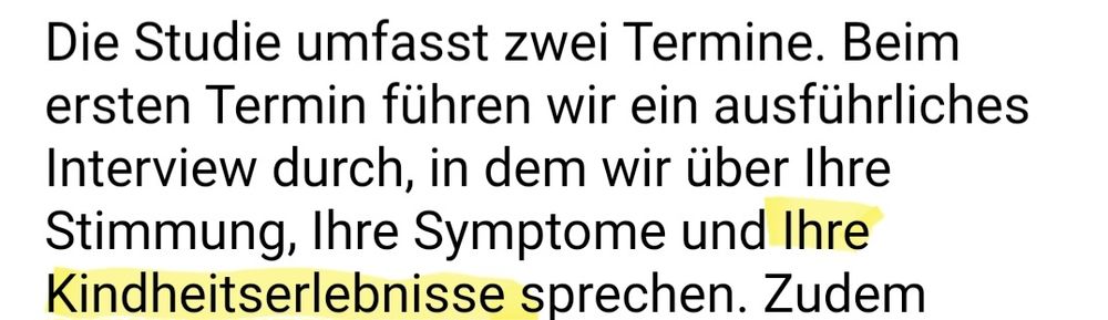 Auszug aus einer Mail zur Studie. Darin steht, dass man in einem Gespräch über Kindheitserlebnisse reden will. 