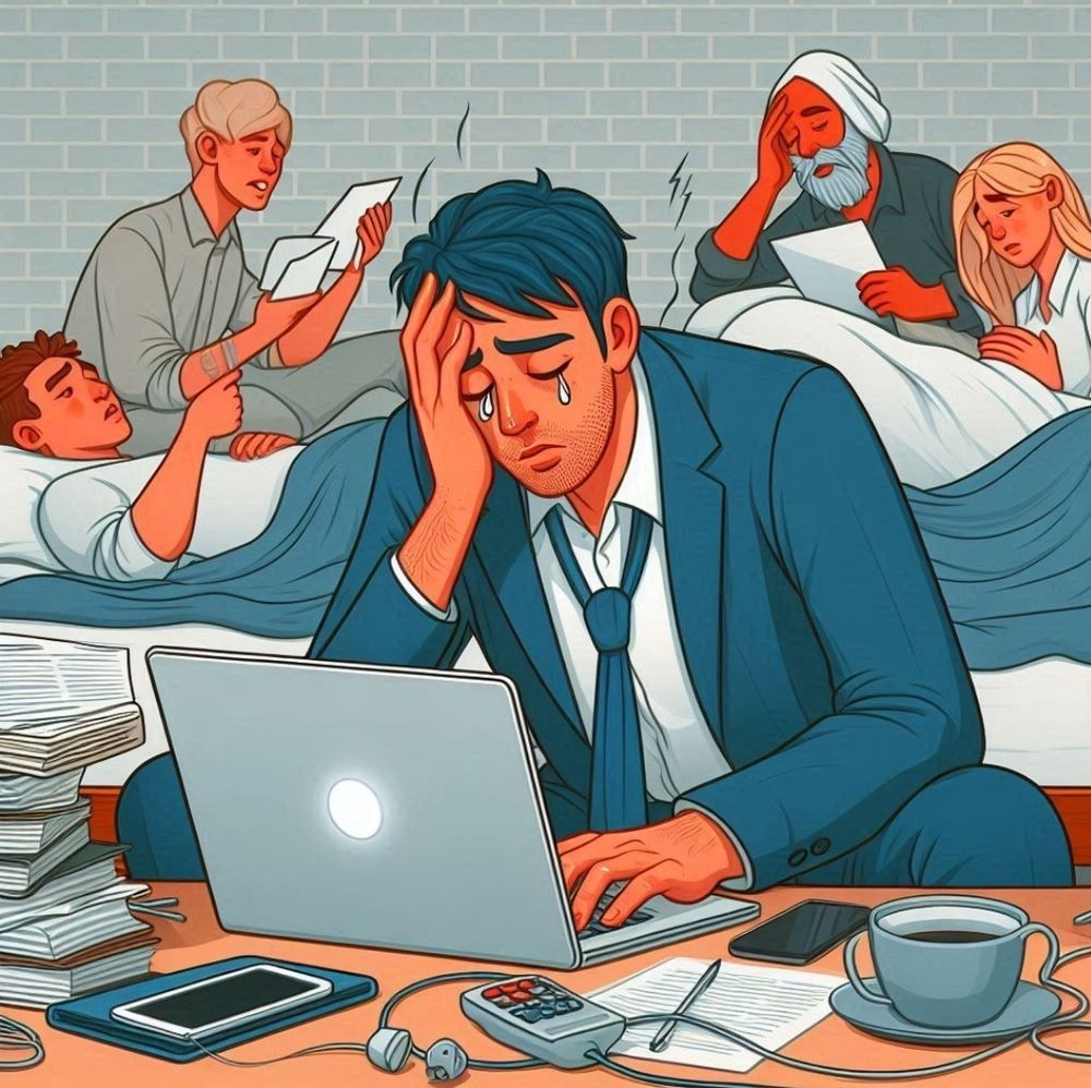 KI-Symbolbild: Erkrankte Wissenschaftler*innen, die vom Bett aus arbeiten. 