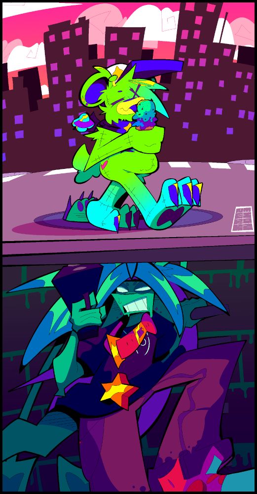 goomy, a silly fat alien teddy bear, walking down a city street and making his way over a manhole cover. he is eating mint chocolate and blue moon ice cream. below him, under the manhole cover, hides nerk the angsty green aisha. he waits with gun in hand to ambush goomy, hanging on by the steps built into the slimy sewer wall.