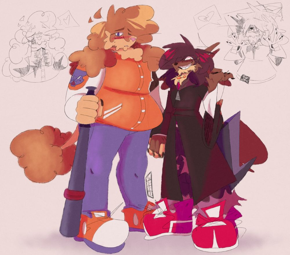 fullbody drawing of fifa and tonny, both standing and holding their respective weapons, fifa's being a school baseball bat and tonny's his mother's nata, held by the string instead of the handle. doodles next to them show fifa covered in blood and shyly tapping their fingers together, and tonny with the nata lodged into his head.