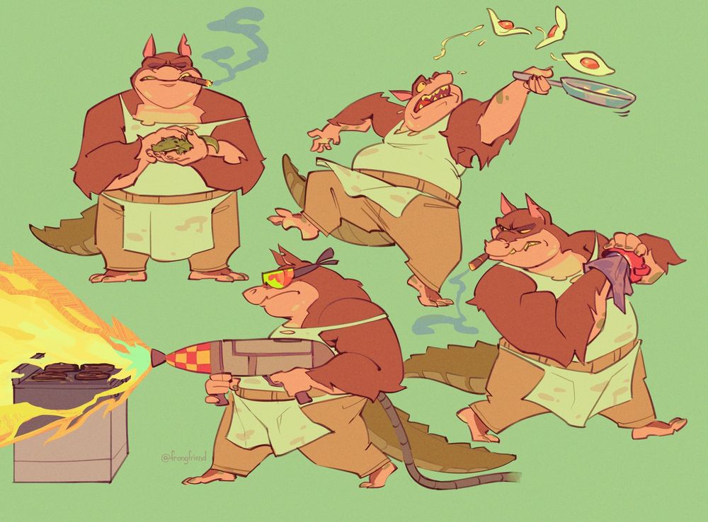 Various drawings of Dingodile from the Crash Bandicoot series tending to chores including burning burgers, cleaning a single cup, flipping the eggs and petting a small gator