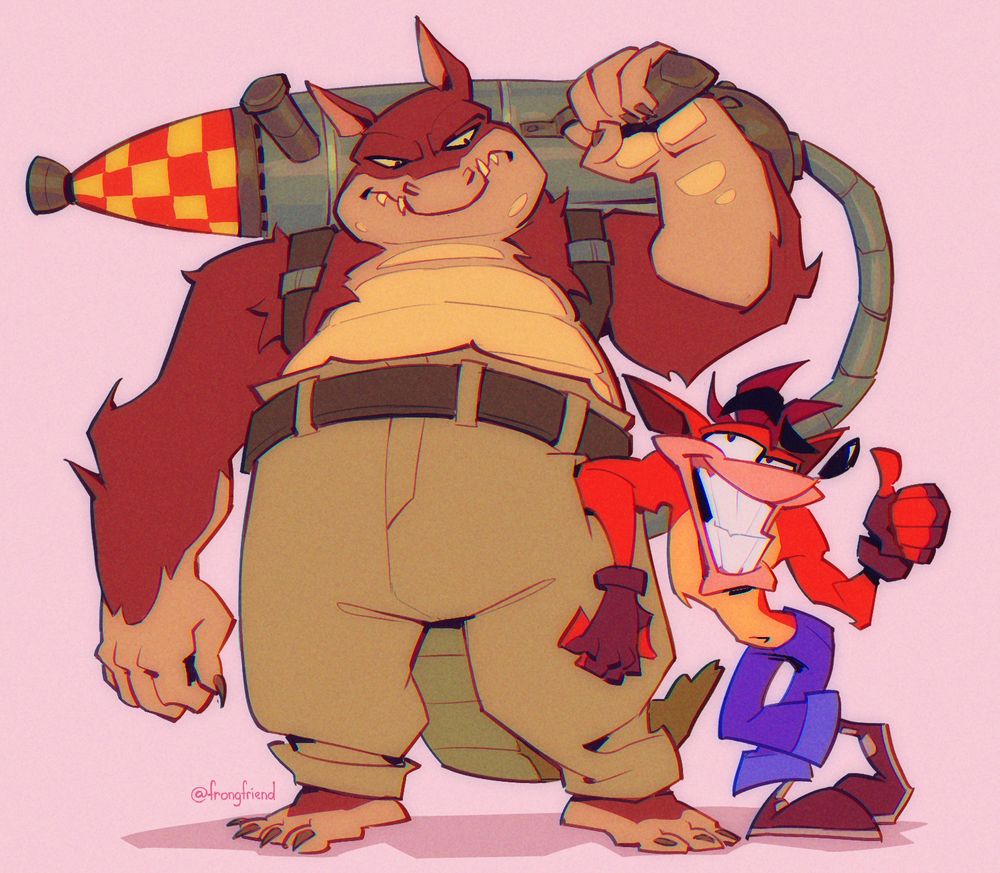 A digital drawing of Crash Bandicoot and Dingodile standing next to each other. Crash is leaning on the side of Dingodile's leg and giving the viewer a thumbs up with a smile. Dingodile is a mix of confused and annoyed, staring at Crash's audacity