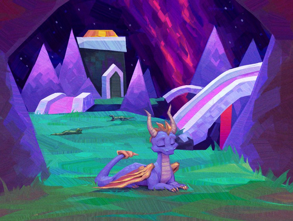 A painting of hub world Midnight Mountain from Spyro 3 Year of the Dragon. Spyro the Dragon is loafing at a cave entrance, with the night sky and mountain peaks in the background
